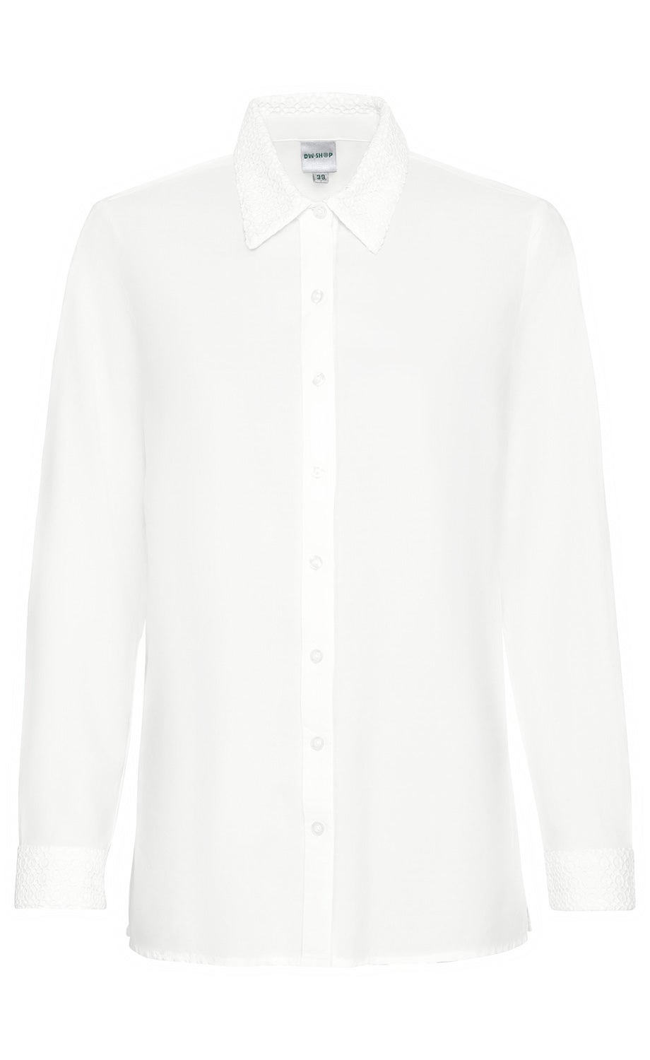 Weiße Baumwoll-Bluse mit langen Ärmeln, durchgehender Knopfleiste, spitzem Kragen und Manschetten mit feiner Lochmuster-Verzierung, geradem Saumabschluss, klassischer Schnitt
