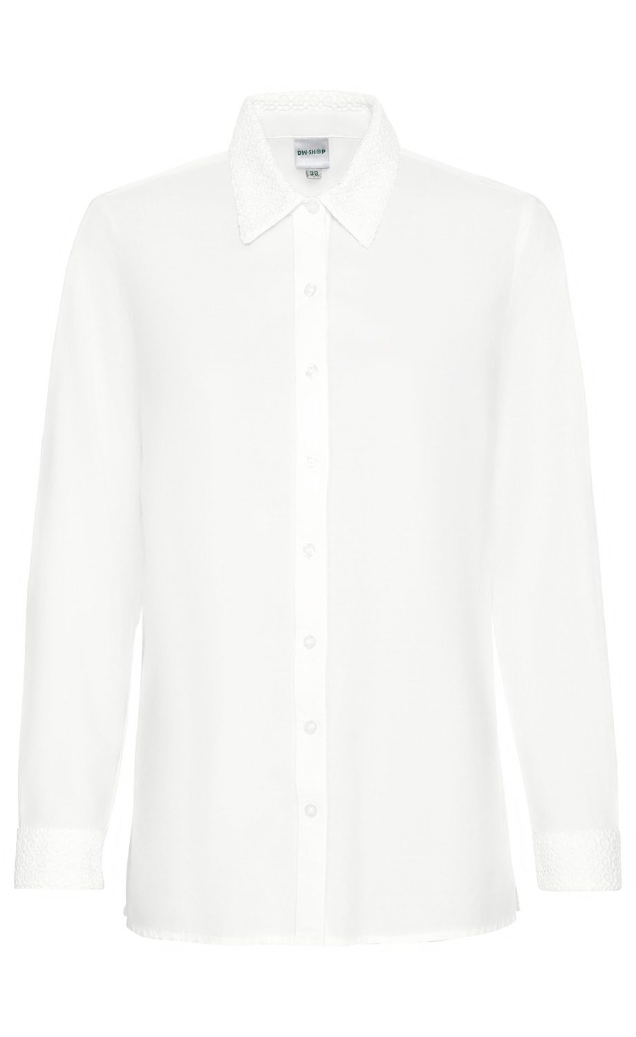 Weiße Baumwoll-Bluse mit langen Ärmeln, durchgehender Knopfleiste, spitzem Kragen und Manschetten mit feiner Lochmuster-Verzierung, geradem Saumabschluss, klassischer Schnitt