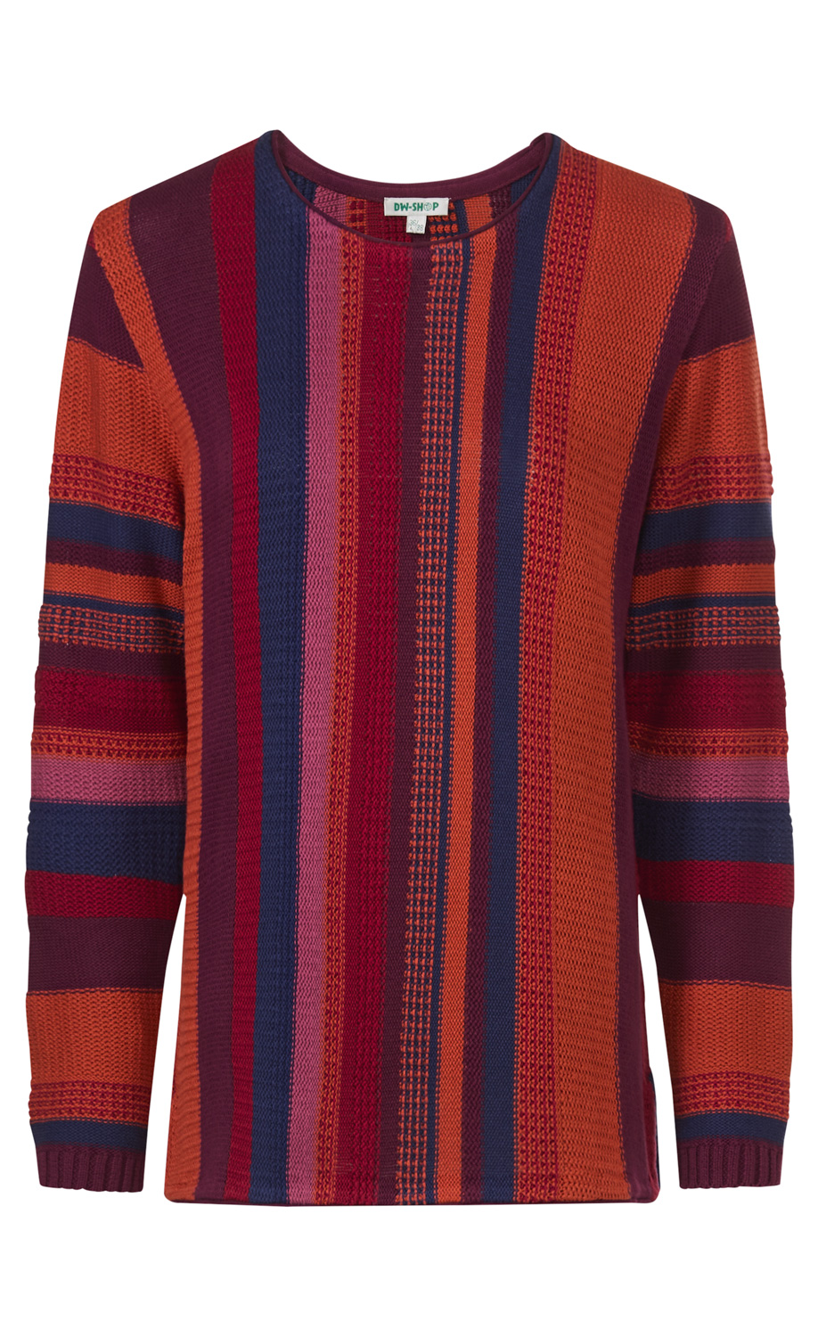 Baumwoll-Pullover mit langen Ärmeln, Rundhalsausschnitt, gestrickt, senkrechte Streifenmuster in Orange, Dunkelrot, Dunkelblau und Pink, strukturierte Oberfläche, normaler Schnitt.