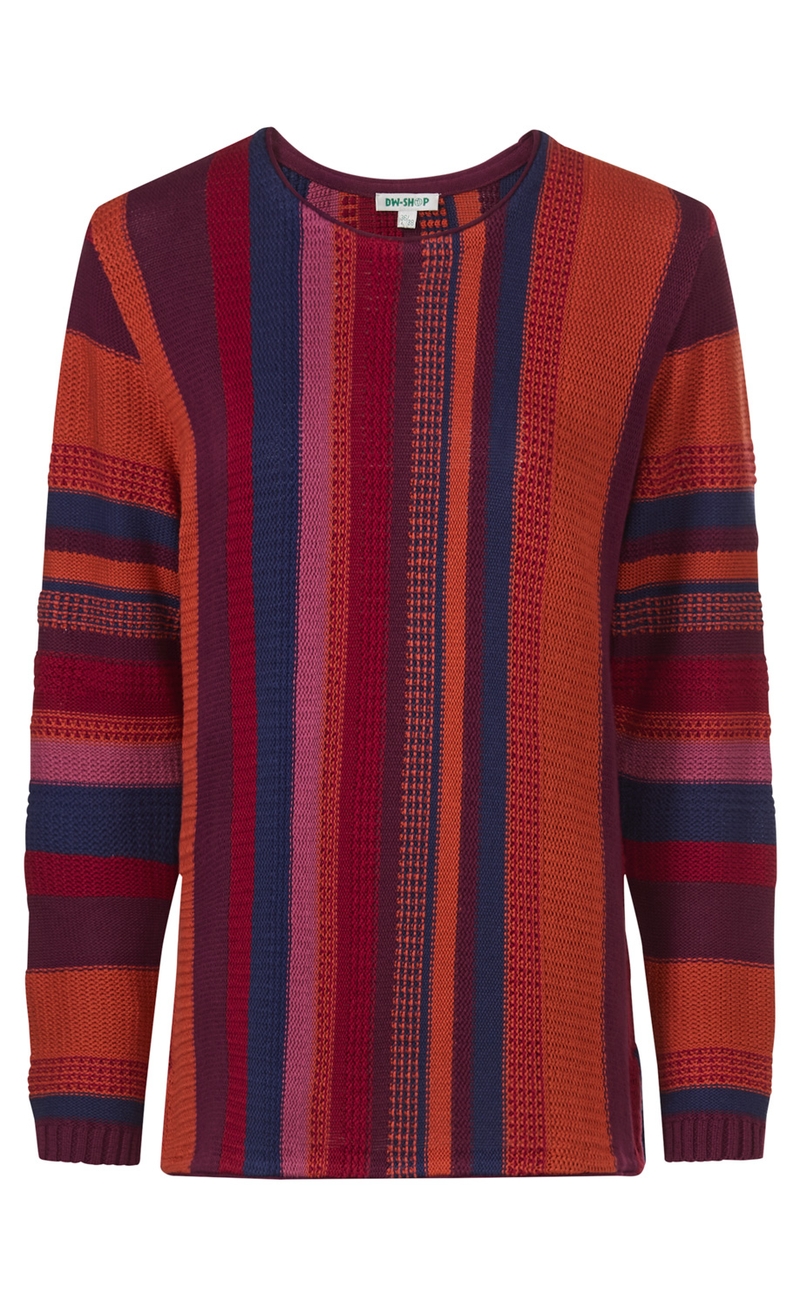 Baumwoll-Pullover mit langen Ärmeln, Rundhalsausschnitt, gestrickt, senkrechte Streifenmuster in Orange, Dunkelrot, Dunkelblau und Pink, strukturierte Oberfläche, normaler Schnitt.