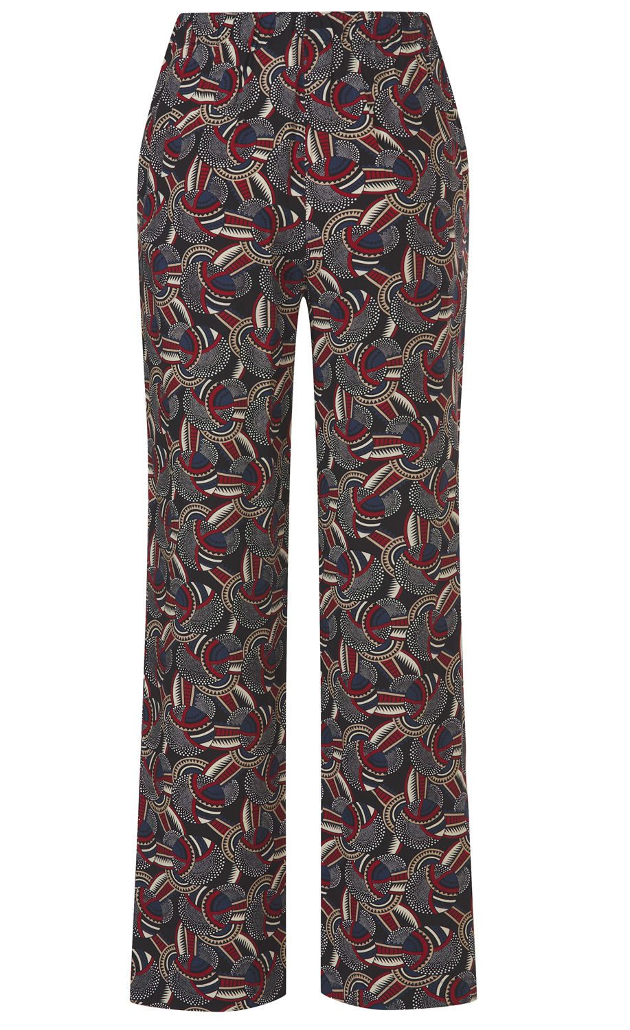 Viskose-Hose mit weitem Bein, elastischem Bund, allover abstraktem Muster in Schwarz, Rot, Beige und Dunkelblau