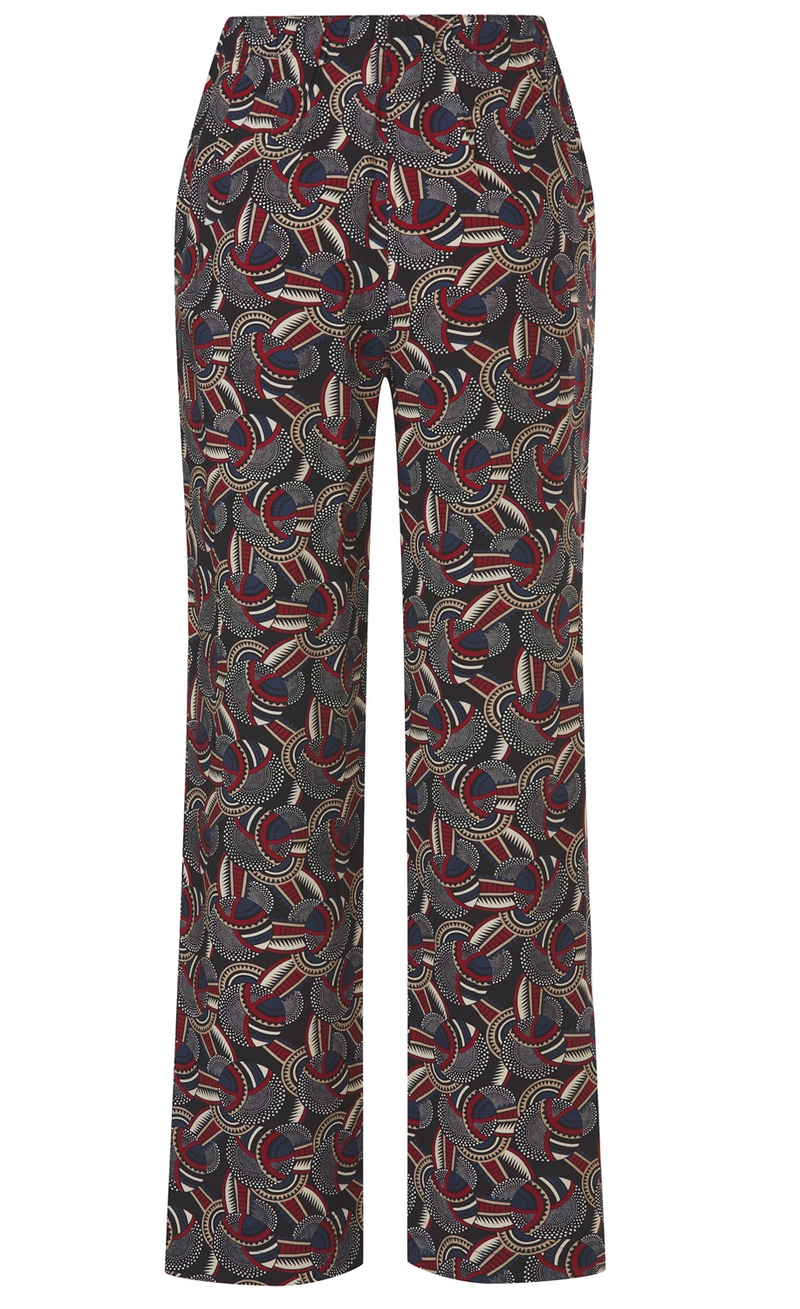 Viskose-Hose mit weitem Bein, elastischem Bund, allover abstraktem Muster in Schwarz, Rot, Beige und Dunkelblau