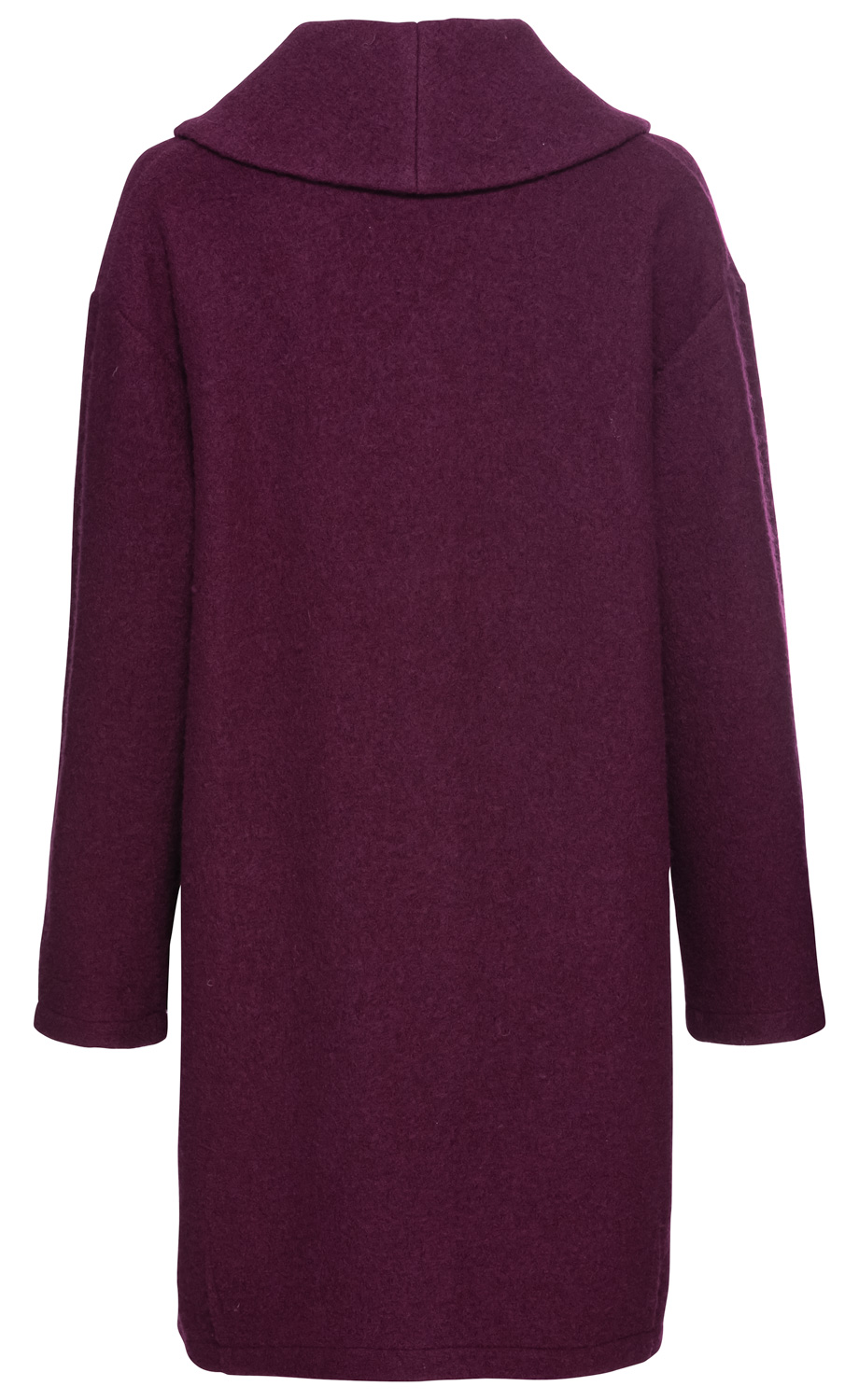 Rückansicht einer langärmligen Woll-Jacke in dunklem Violett mit lockerem Schnitt und großem Kragen, ohne sichtbare Verschlüsse oder Muster, schlicht und einfarbig.