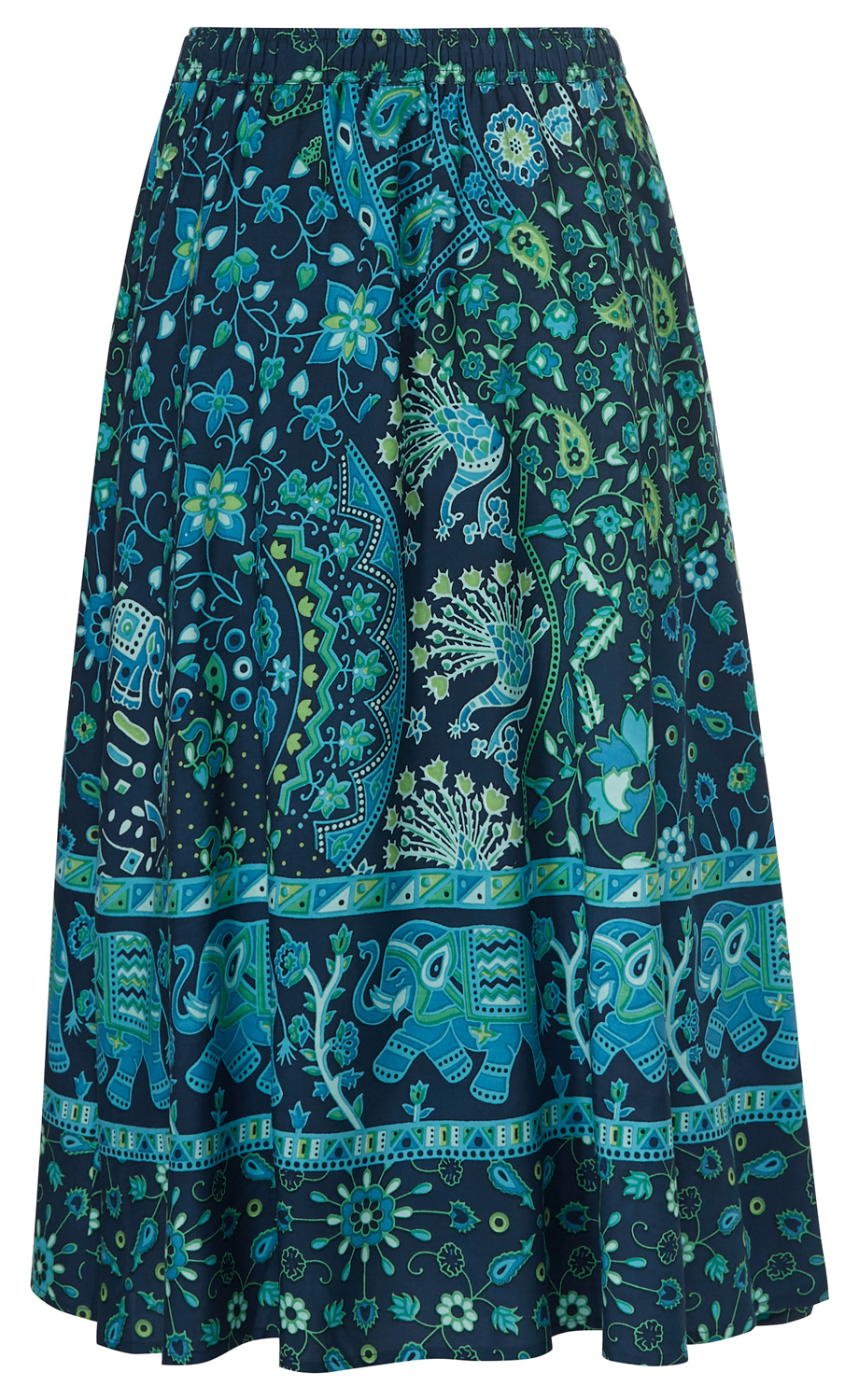 Viskose-Rock mit elastischem Bund, dunkelblau mit türkisgrünem Paisley- und Blumenmuster, breite Bordüre mit Elefantenmotiv am Saum, leicht ausgestellt, knielang