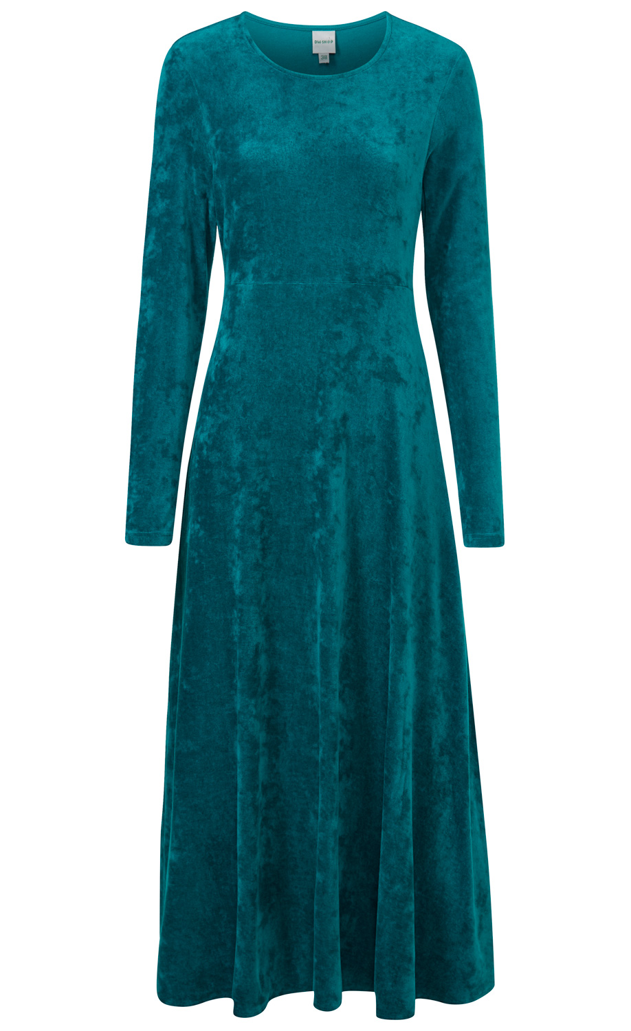 Viskose-Mix-Kleid in Dunkeltürkis mit langem Arm, Rundhalsausschnitt, tailliertem Schnitt und fließendem, knielangem Rock, samtartige Optik, Größe 38, schlicht und elegant