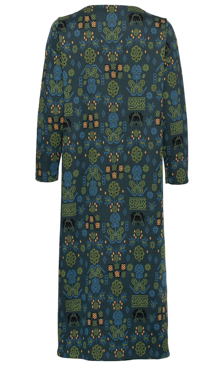 Baumwoll-Hauskleid in dunklem Grün mit langem Schnitt, 3/4-Ärmeln und farbigem Muster aus Blumen und dekorativen Formen in Blau, Grün, Orange und Schwarz, Rückansicht