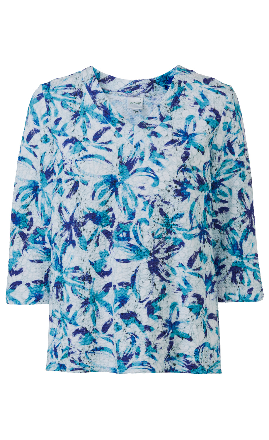 Baumwoll-Mix-Shirt mit V-Ausschnitt und 3/4-Ärmeln, weißer Grundfarbe mit blau-lila floralem Muster, strukturierter, leicht gewellter Stoff, lässiger Schnitt