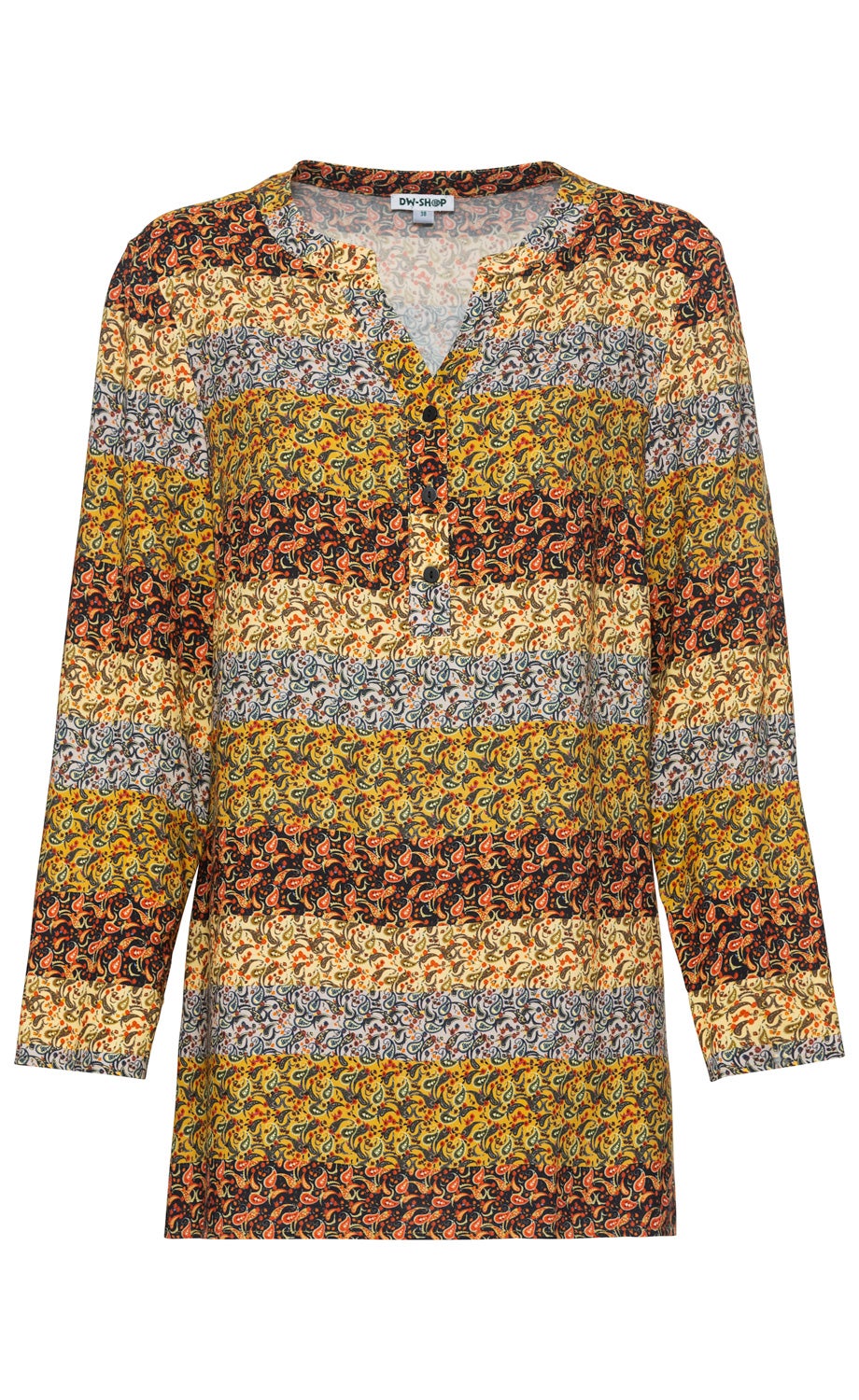 Viskose-Tunika mit langem Arm, V-Ausschnitt und dreiknöpfiger Blende, gestreift in Mustern aus Gelb, Orange, Schwarz, Beige und Blau in Paisley-Design