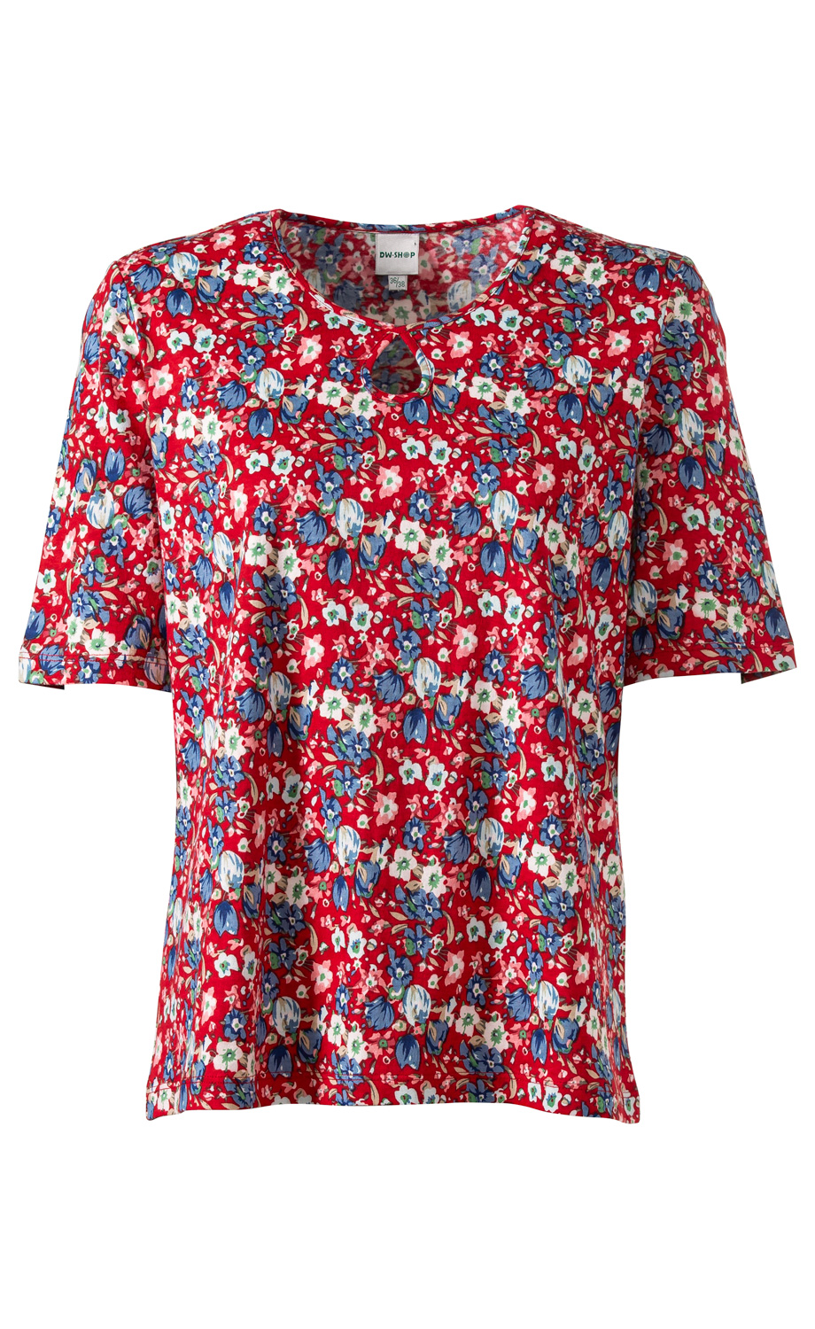 Baumwoll-Shirt in Rot mit kurzem Arm, Rundhalsausschnitt und kleinem Schlitz vorne, bedruckt mit blau-weißen und cremefarbenen Blütenmustern