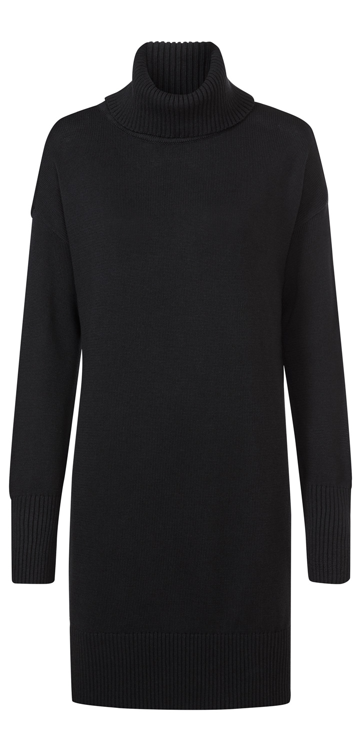 Schwarzes Baumwoll-Mix-Kleid mit langem Arm, Rollkragen und geradem Schnitt, gerippte Abschlüsse an Ärmeln und Saum, schlicht und warm, ideal für kühle Tage