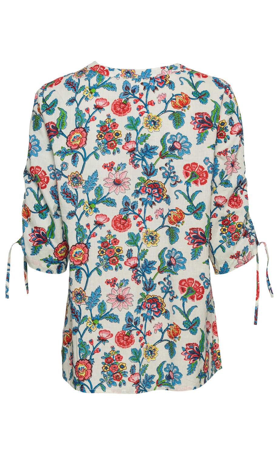 Baumwoll-Bluse mit halblangen Ärmeln und Bindebändern, cremefarben mit buntem floralen Muster in Rot, Blau, Grün und Gelb, Rückenansicht, leichter Stoff, lockere Passform