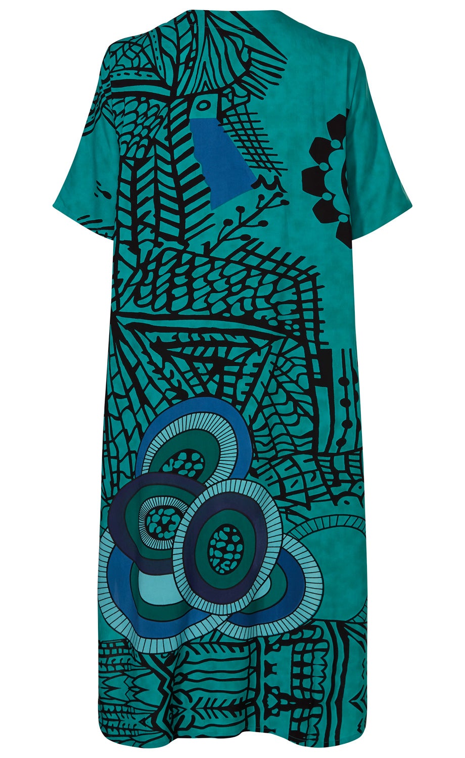 Viskose-Kaftan in Petrol mit schwarzen, blauen und türkisfarbenen abstrakten Mustern und grafischen Formen, kurze Ärmel, Rückenansicht, locker fallende Passform