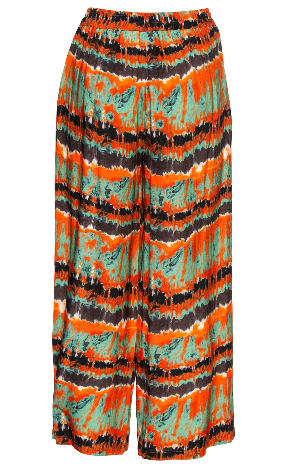 Viskose-Hose mit weitem Bein, elastischem Bund, gemustert in Orange, Türkis, Schwarz und Weiß, fließender, leichter Stoff, abstraktes, gestreiftes Design