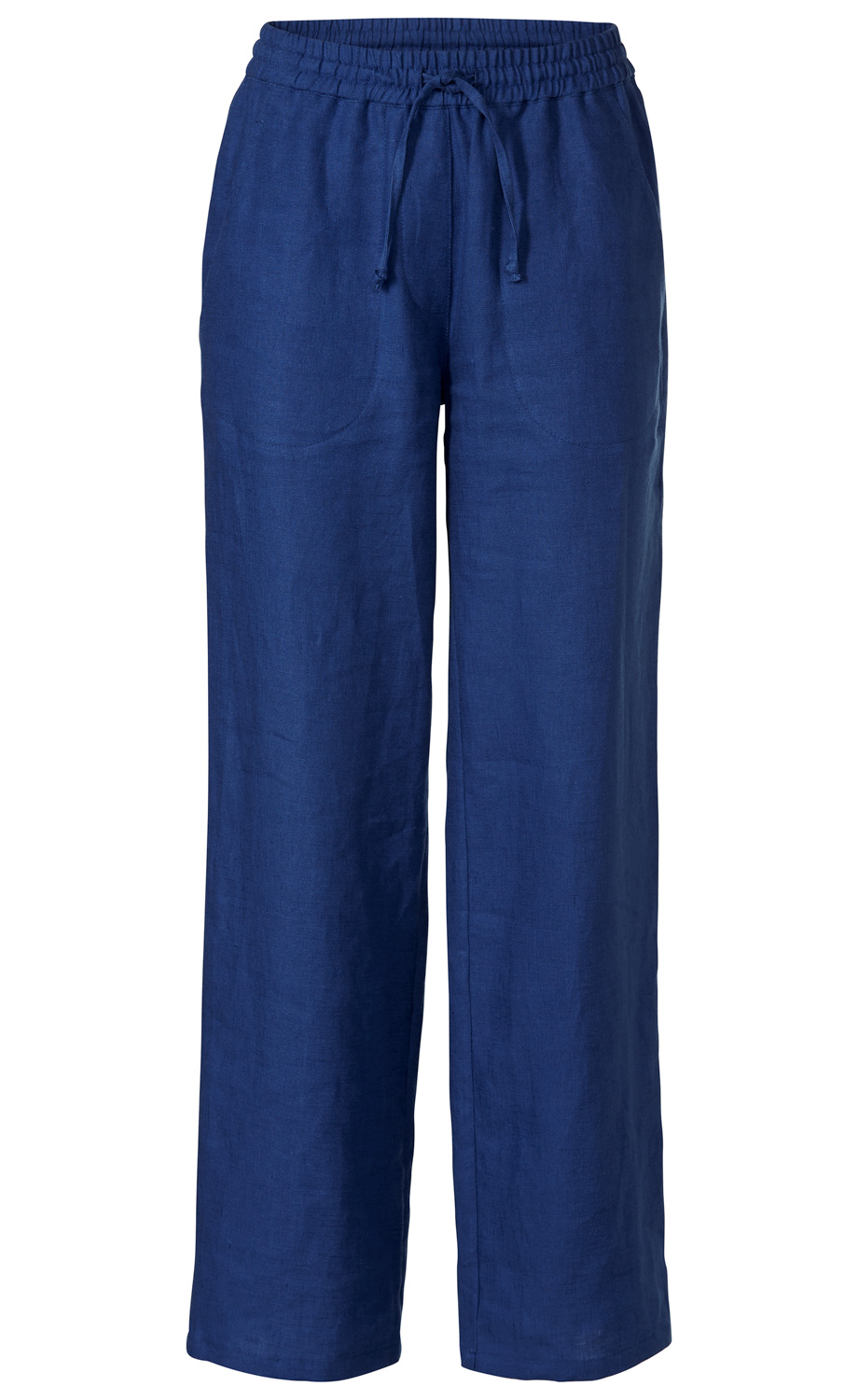 Dunkelblaue Leinen-Hose mit weitem Bein, elastischem Bund und Kordelzug, vorne mit aufgesetzten Taschen, casual und bequem, ideale Sommerhose