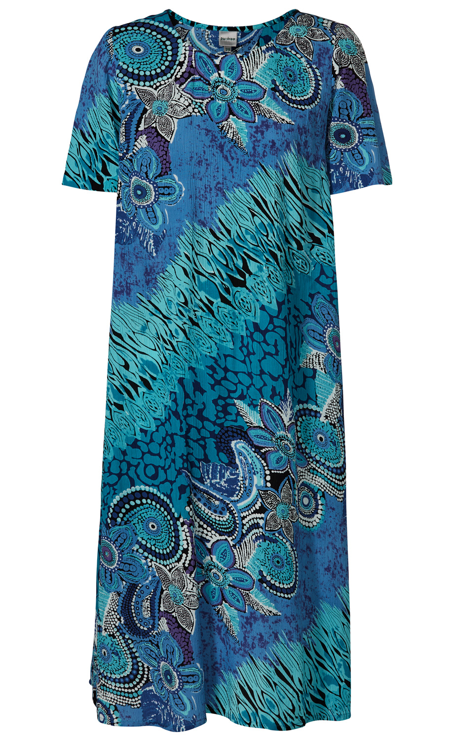 Viskose-Kleid mit kurzem Arm, blau-türkises florales Muster, rundem Halsausschnitt, knielang, leicht ausgestellter Schnitt, modern und bequem, ideal für sommerliche Anlässe
