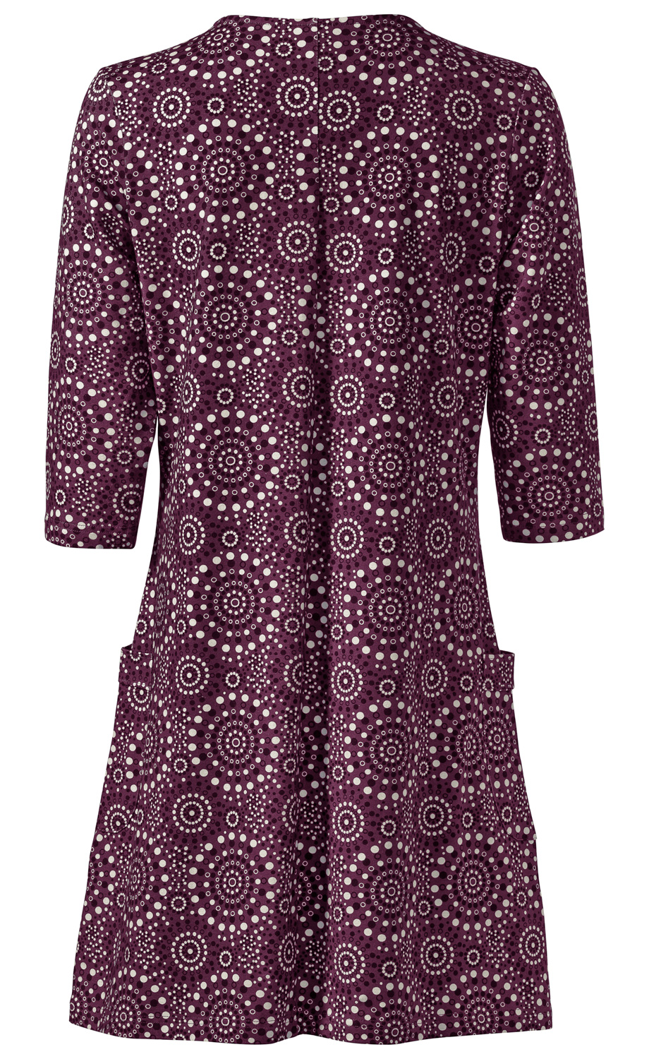 Baumwoll-Mix-Kleid in dunklem Violett mit weißen und schwarzen Punktmustern, Rückansicht, halblange Ärmel, zwei aufgesetzte Taschen seitlich, locker geschnitten, bis knapp über die Knie reichend