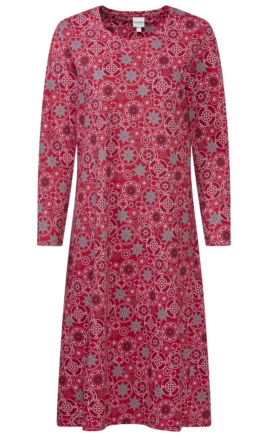 Langärmliges Kleid in Dunkelrot mit weitem Rock, bedruckt mit weißen und türkisen Blumen- und Kreisornamenten, Rundhalsausschnitt, locker geschnitten, knielang