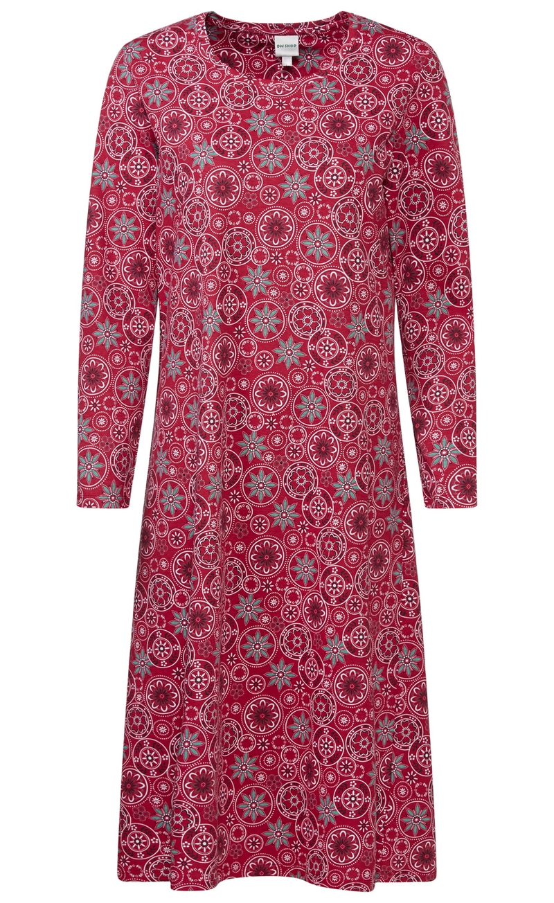 Langärmliges Kleid in Dunkelrot mit weitem Rock, bedruckt mit weißen und türkisen Blumen- und Kreisornamenten, Rundhalsausschnitt, locker geschnitten, knielang