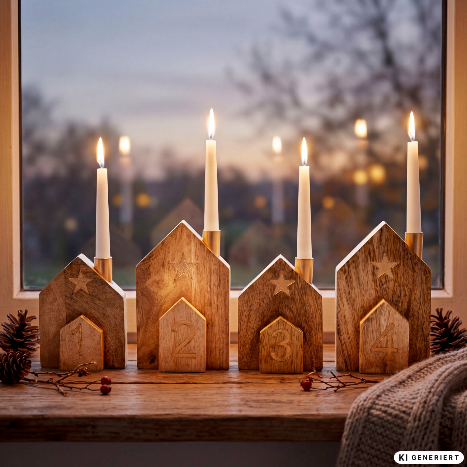 Vier hölzerne Adventskerzenhalter in Form von Häusern mit den Zahlen 1 bis 4, jeweils eine weiße brennende Kerze, auf einer Fensterbank mit Naturdeko und unscharfem Außenhintergrund bei Dämmerung