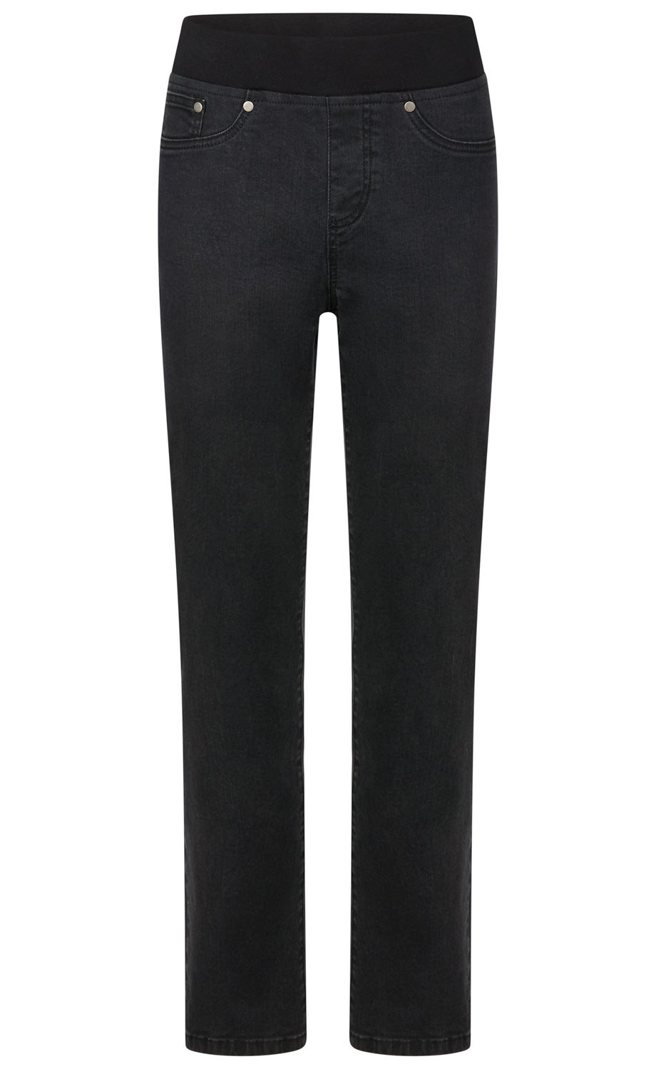 Schwarze Damenjeans mit elastischem Bund, schmal zulaufendem Bein, 5-Pocket-Stil und silbernen Nieten an den vorderen Taschen, ohne sichtbaren Verschluss, aus Denim-Material.
