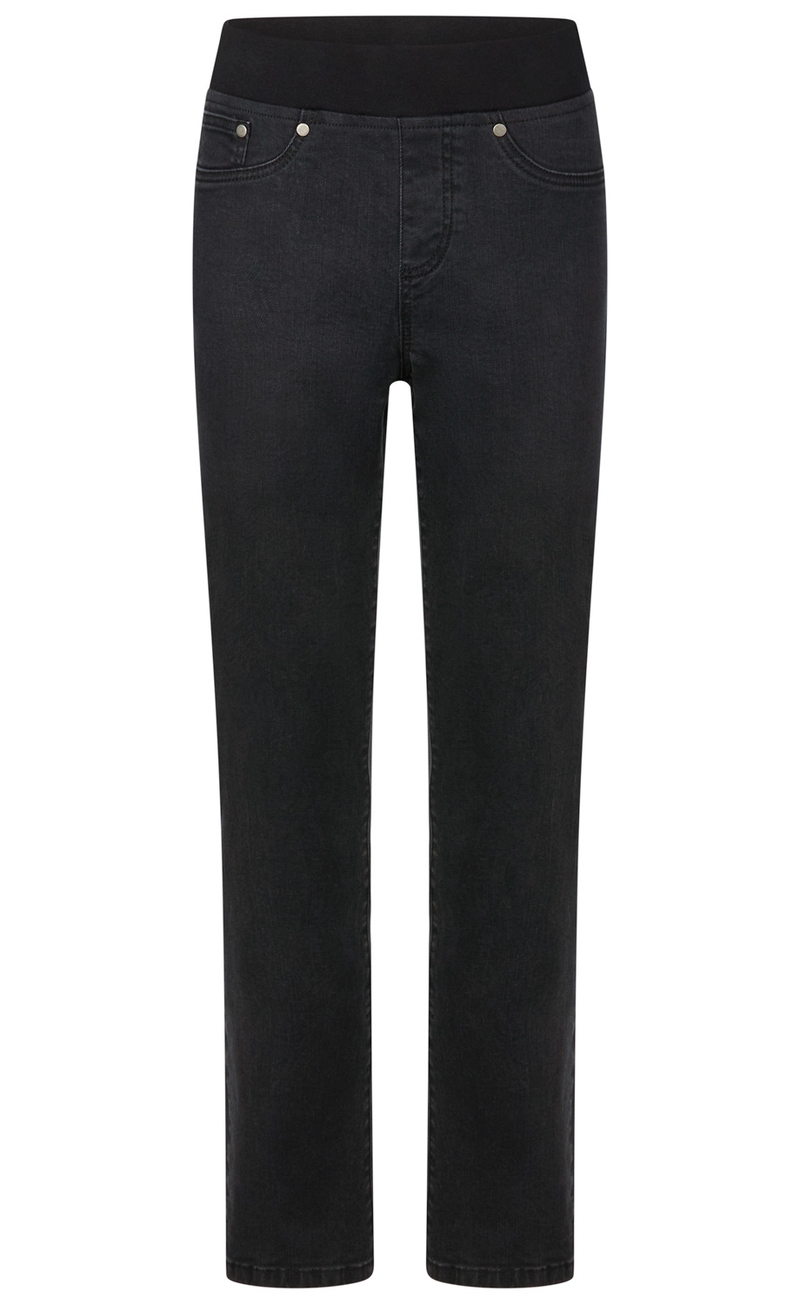 Schwarze Damenjeans mit elastischem Bund, schmal zulaufendem Bein, 5-Pocket-Stil und silbernen Nieten an den vorderen Taschen, ohne sichtbaren Verschluss, aus Denim-Material.
