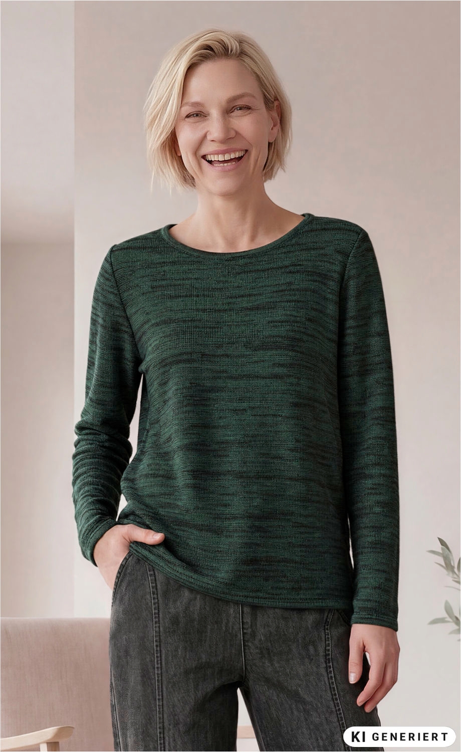 Frau mit kurzem blondem Haar trägt grünen Baumwoll-Pullover mit dezentem Muster, steht entspannt mit einer Hand in der Hosentasche, lächelt, trägt dunkle Jeans, heller neutraler Hintergrund