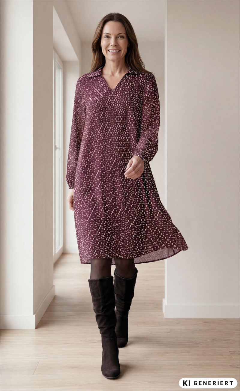 Frau trägt weinrotes, gemustertes Viskose-Kleid mit V-Ausschnitt und Kragen, schwarze Strumpfhose und schwarze kniehohe Stiefel, steht in hellen Raum mit Holzboden und Fenster im Hintergrund, lächelnd