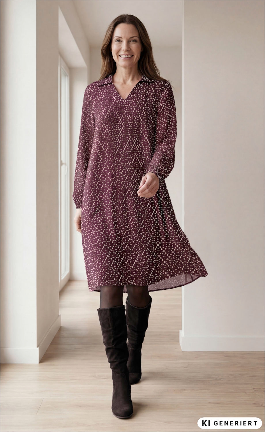 Frau trägt weinrotes, gemustertes Viskose-Kleid mit V-Ausschnitt und Kragen, schwarze Strumpfhose und schwarze kniehohe Stiefel, steht in hellen Raum mit Holzboden und Fenster im Hintergrund, lächelnd