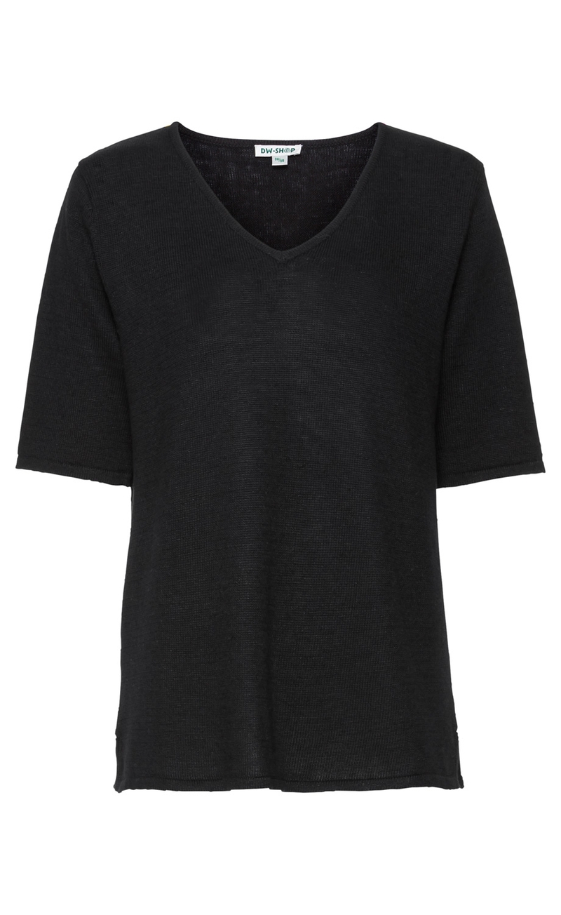 Schwarzer Leinen-Mix-Pullover mit V-Ausschnitt und halblangen Ärmeln, locker geschnitten, leichter Stoff, ohne Muster, schlicht und vielseitig kombinierbar.