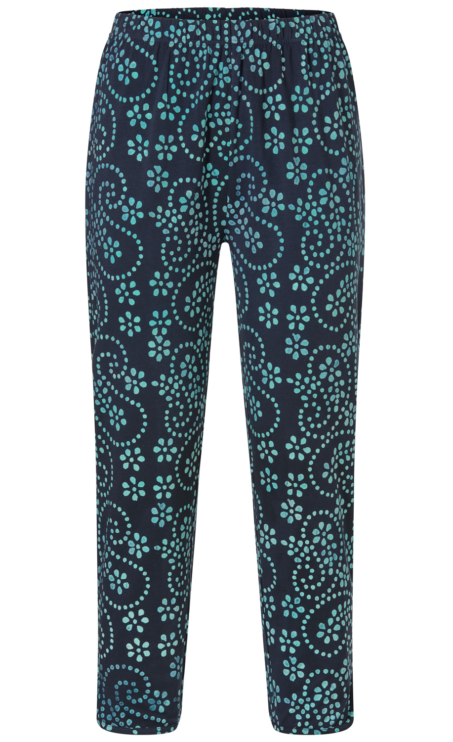 Baumwoll-Mix-Hose in Dunkelblau mit elastischem Bund, schmaler Passform, Allover-Muster aus hellblauen Punkten und Blumen in verspieltem Design, knöchellang, bequem und vielseitig kombinierbar