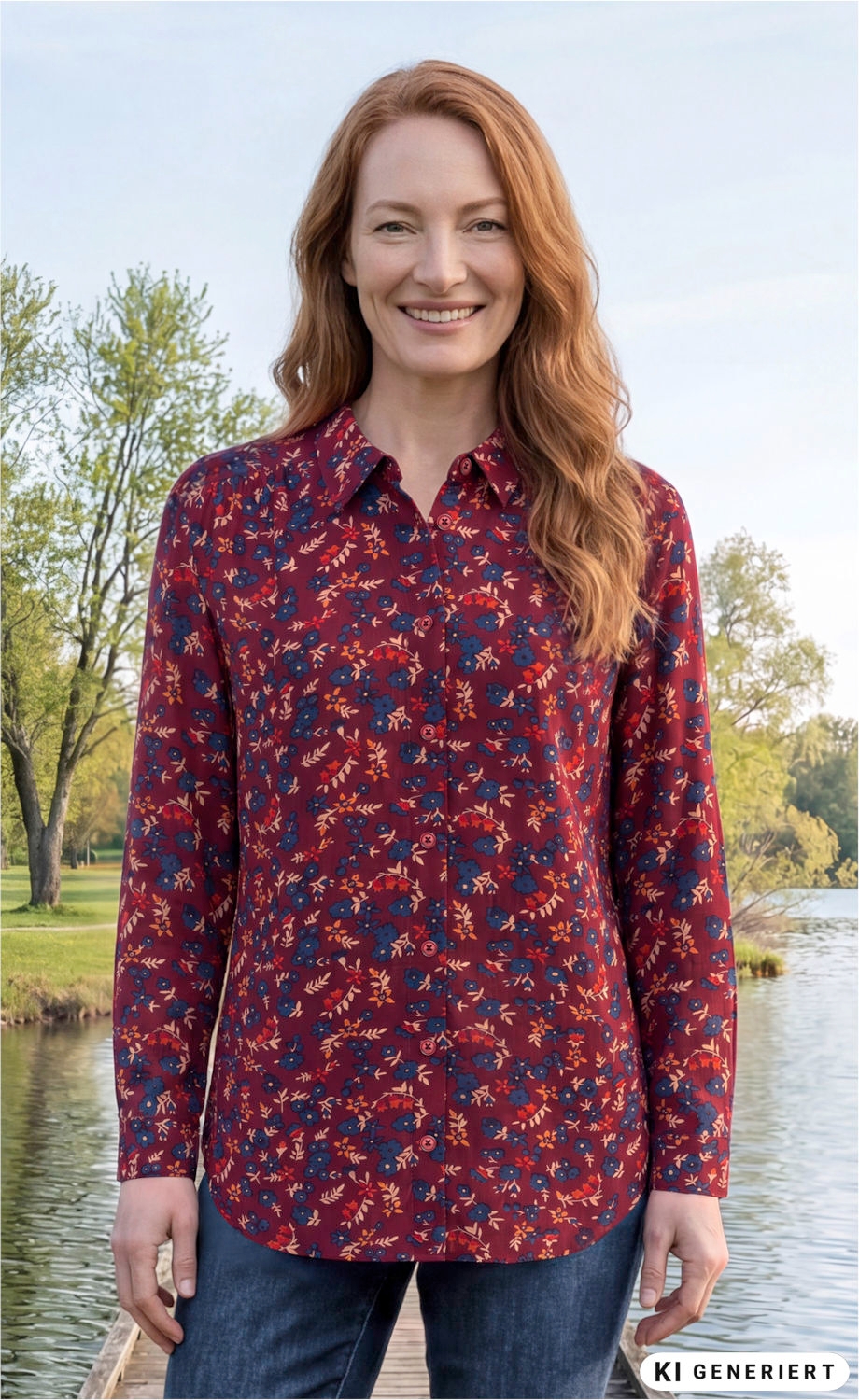 Frau mit roten Haaren trägt rote Viskose-Bluse mit floralem Muster in Blau und Orange, steht lächelnd am Seeufer, bewachsene Bäume im Hintergrund, trägt blaue Jeans