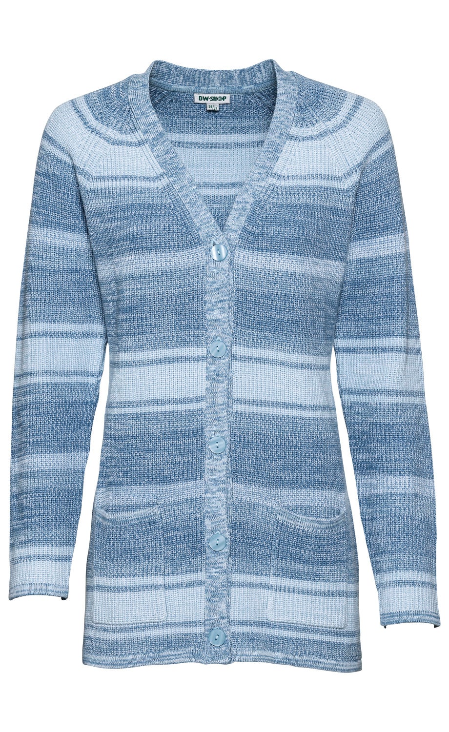 Baumwoll-Strickjacke für Damen in Blau- und Weißtönen, V-Ausschnitt, durchgehende Knopfleiste mit fünf blauen Knöpfen, lange Ärmel, zwei aufgesetzte Fronttaschen, feingestricktes Muster, taillierte Passform.