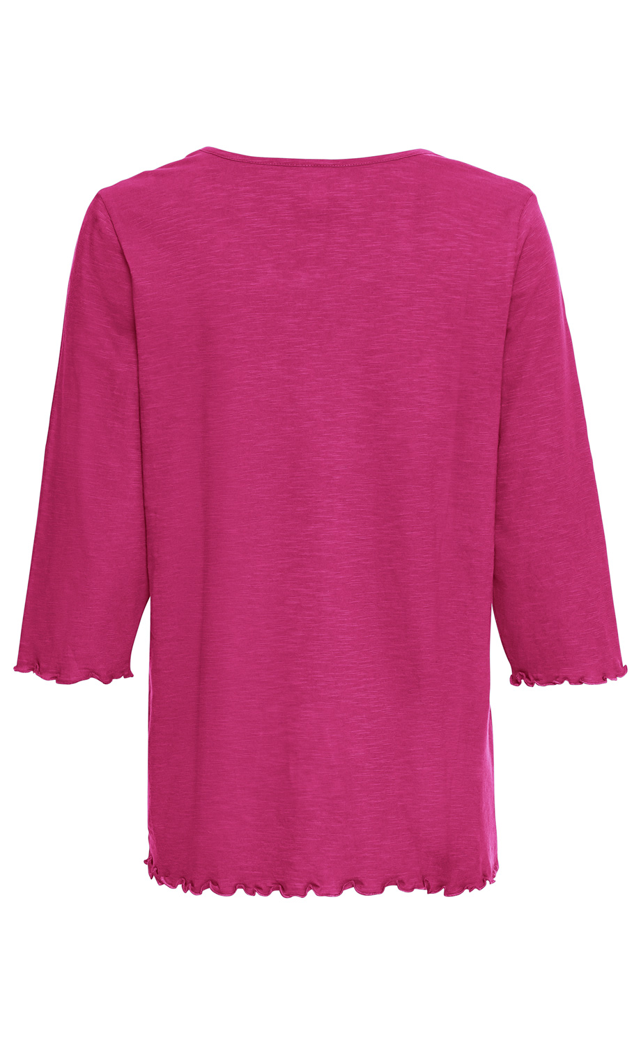 Baumwoll-Shirt in Pink mit 3/4-Ärmeln, gewelltem Abschluss an Ärmeln und Saum, unifarben, Rückansicht, schlichter Rundhalsausschnitt, lockere Passform