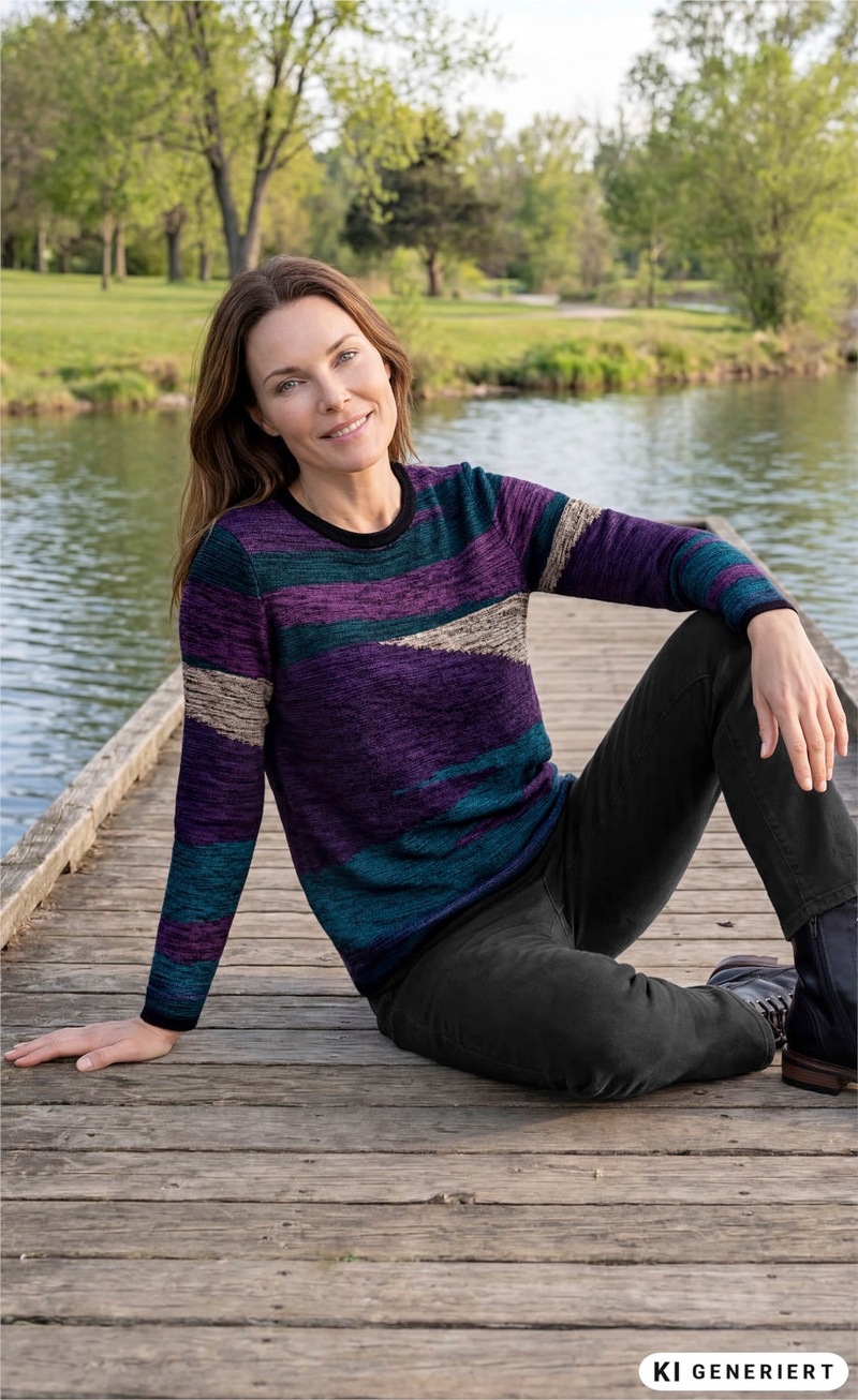 Frau sitzt entspannt auf einem Steg am See, trägt bunt gestreiften Baumwoll-Pullover in Lila, Blau und Beige, schwarze Hose und schwarze Stiefeletten, grüne Bäume und Wasser im Hintergrund, Tageslicht, freundliches Lächeln.