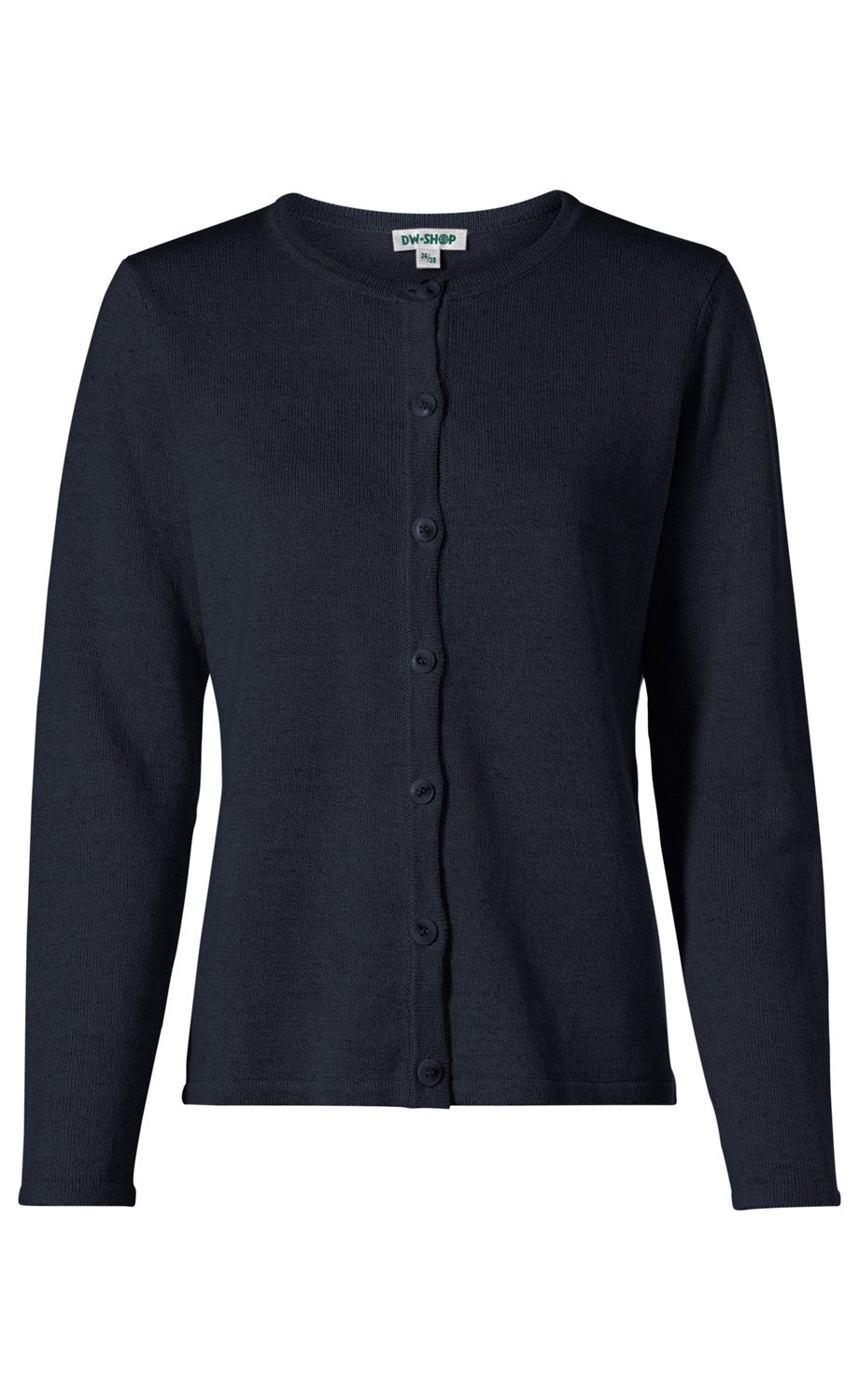 Dunkelblaue Leinen-Mix-Strickjacke für Damen mit Rundhalsausschnitt, langen Ärmeln und durchgehender Knopfleiste vorne, schlichtes Design, gerade geschnitten, leichte Struktur, Label am Kragen sichtbar