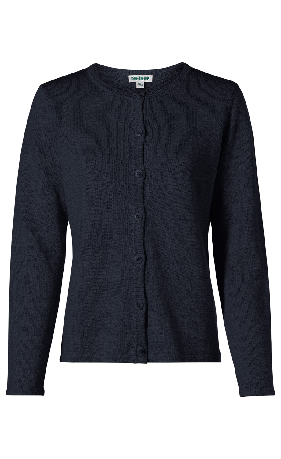 Dunkelblaue Leinen-Mix-Strickjacke für Damen mit Rundhalsausschnitt, langen Ärmeln und durchgehender Knopfleiste vorne, schlichtes Design, gerade geschnitten, leichte Struktur, Label am Kragen sichtbar