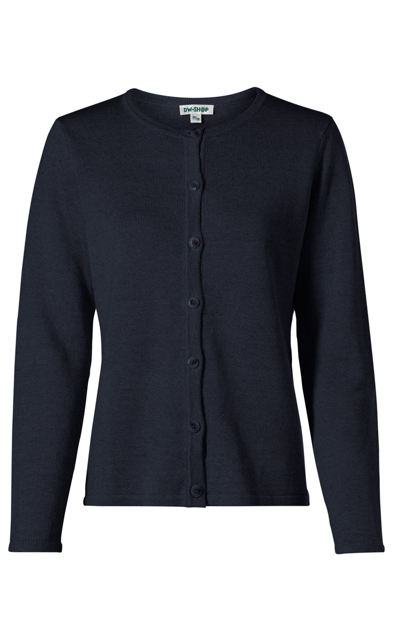 Dunkelblaue Leinen-Mix-Strickjacke für Damen mit Rundhalsausschnitt, langen Ärmeln und durchgehender Knopfleiste vorne, schlichtes Design, gerade geschnitten, leichte Struktur, Label am Kragen sichtbar