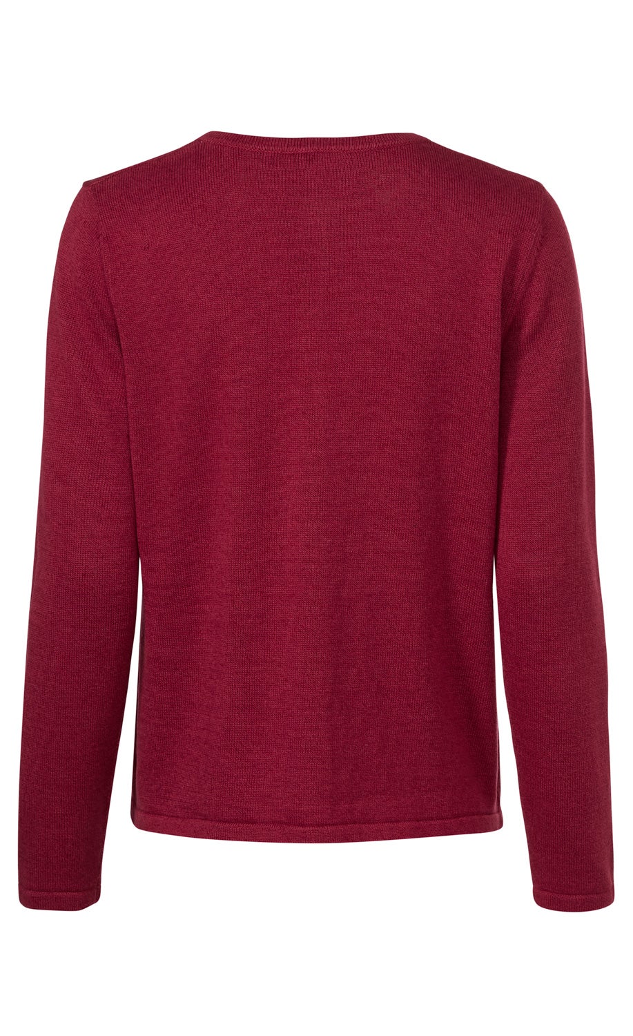 Rückansicht einer roten Strickjacke aus Leinen-Mix mit langem Arm und schlichter, gerader Passform ohne Muster oder Verzierungen