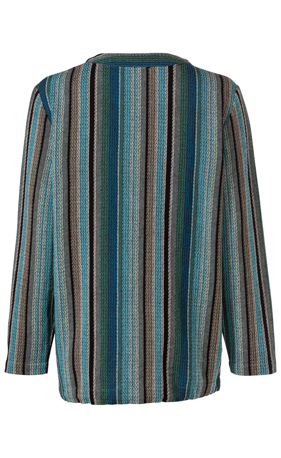 Rückansicht einer taubenblauen Baumwoll-Bluse mit langen Ärmeln, kariertem Muster in Blau-, Grau- und Schwarztönen, geradem Schnitt und rundem Halsausschnitt