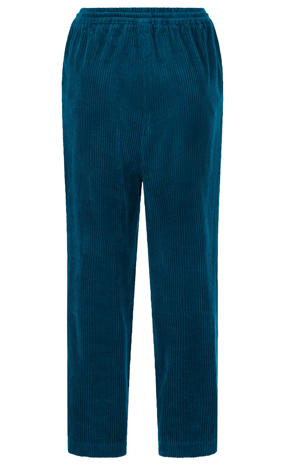Dunkelblaue Cordhose mit geradem Bein, elastischem Bund und feinen vertikalen Streifen, ohne sichtbare Taschen oder Verzierungen, auf weißem Hintergrund.