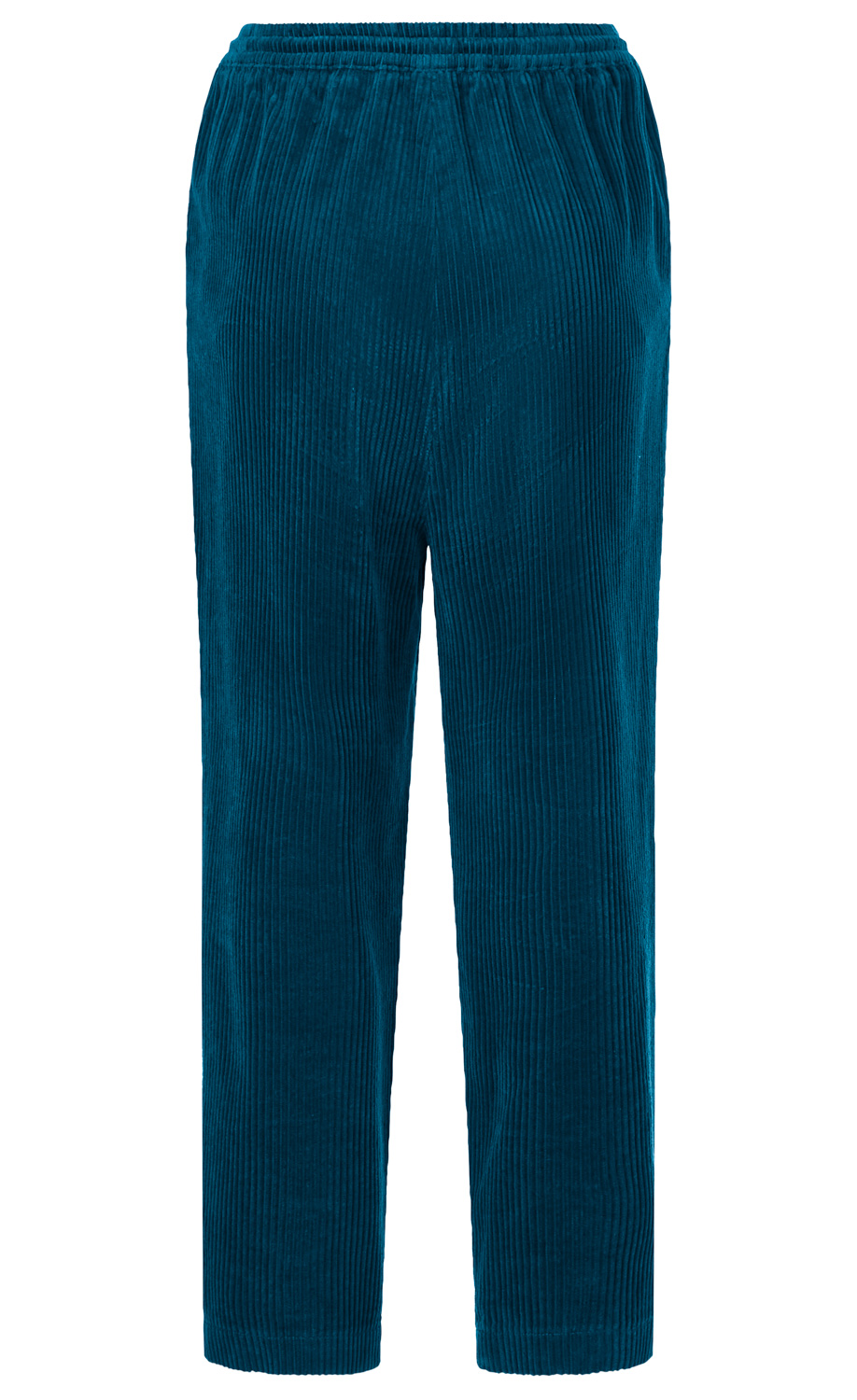 Dunkelblaue Cordhose mit geradem Bein, elastischem Bund und feinen vertikalen Streifen, ohne sichtbare Taschen oder Verzierungen, auf weißem Hintergrund.