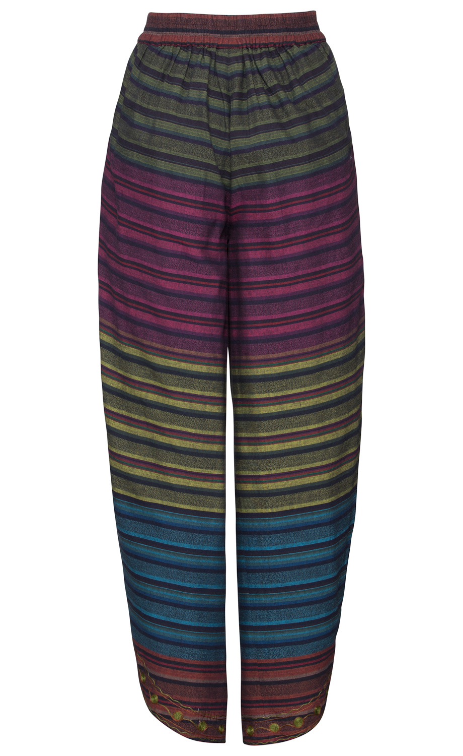 Baumwoll-Hose mit elastischem Bund, gerade geschnitten, mehrfarbig horizontal gestreift in Rot, Blau, Grün und Gelb, am Saum mit aufgenähten gelben Punkten verziert