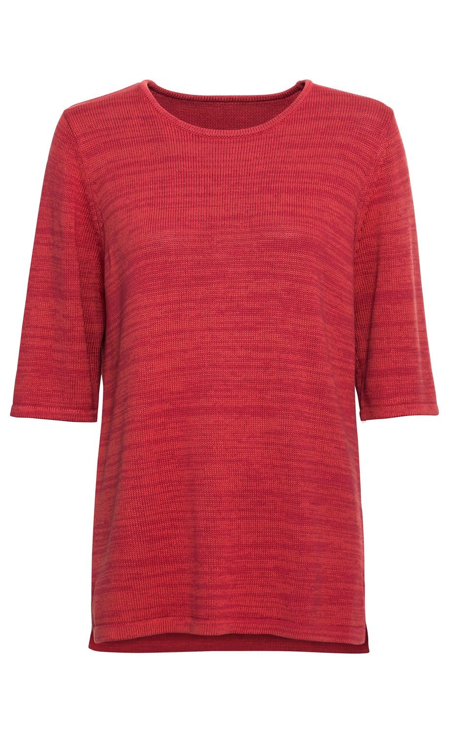 Roter Baumwoll-Pullover mit kurzen Ärmeln und Rundhalsausschnitt, feine Strickstruktur, leicht taillierte Passform, schlichtes Design ohne Muster oder Verzierungen, Vorderansicht auf weißem Hintergrund