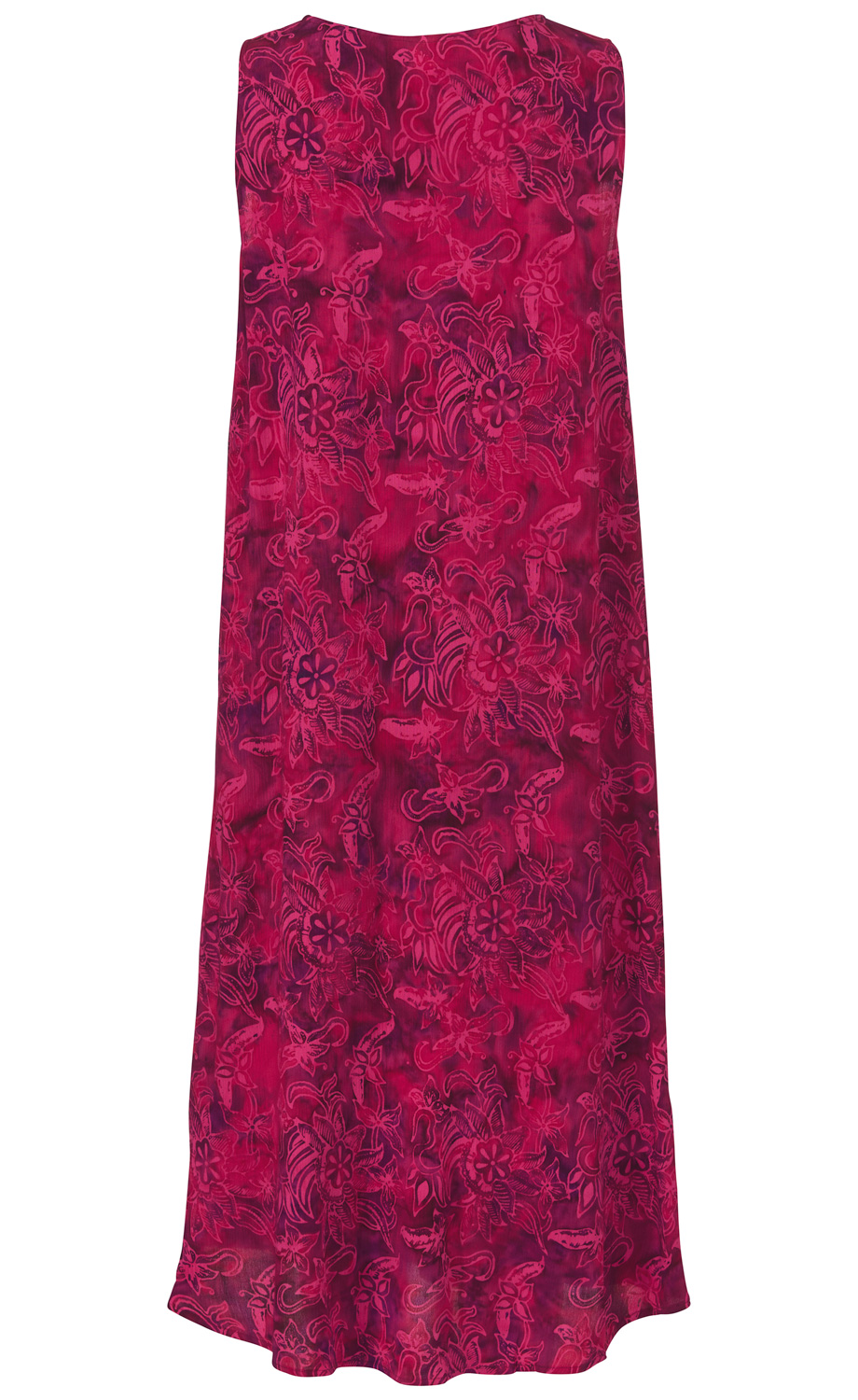 Ärmelloses Viskose-Kleid in Pink mit floralem Muster, knielang, locker geschnitten, Rundhalsausschnitt, leichte Falten am Saum, Rückansicht auf weißem Hintergrund