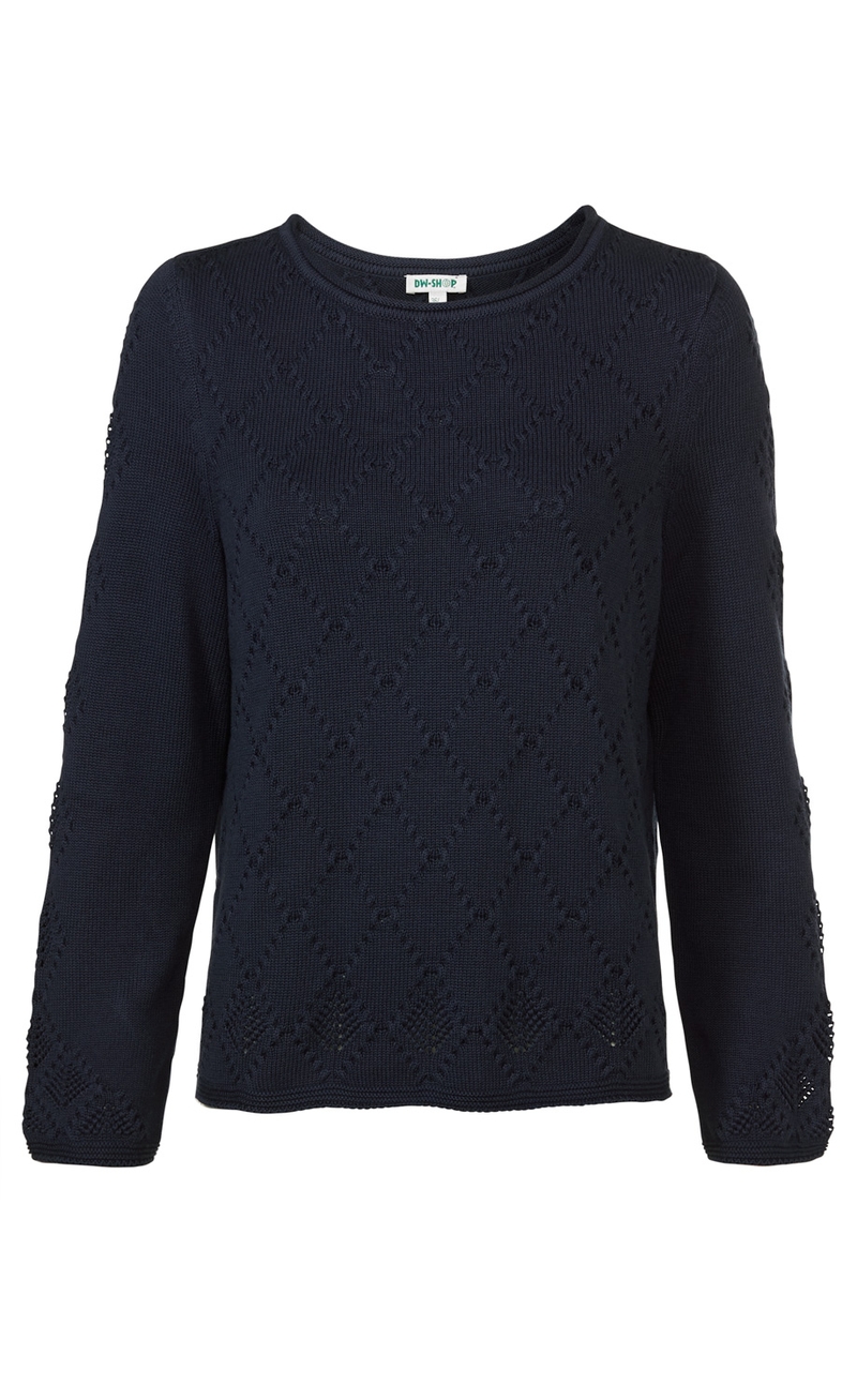 Dunkelblauer Baumwoll-Mix-Pullover mit Rundhalsausschnitt, langem Arm und Rautenmuster im Strick, leichter Struktur und geradem Schnitt.