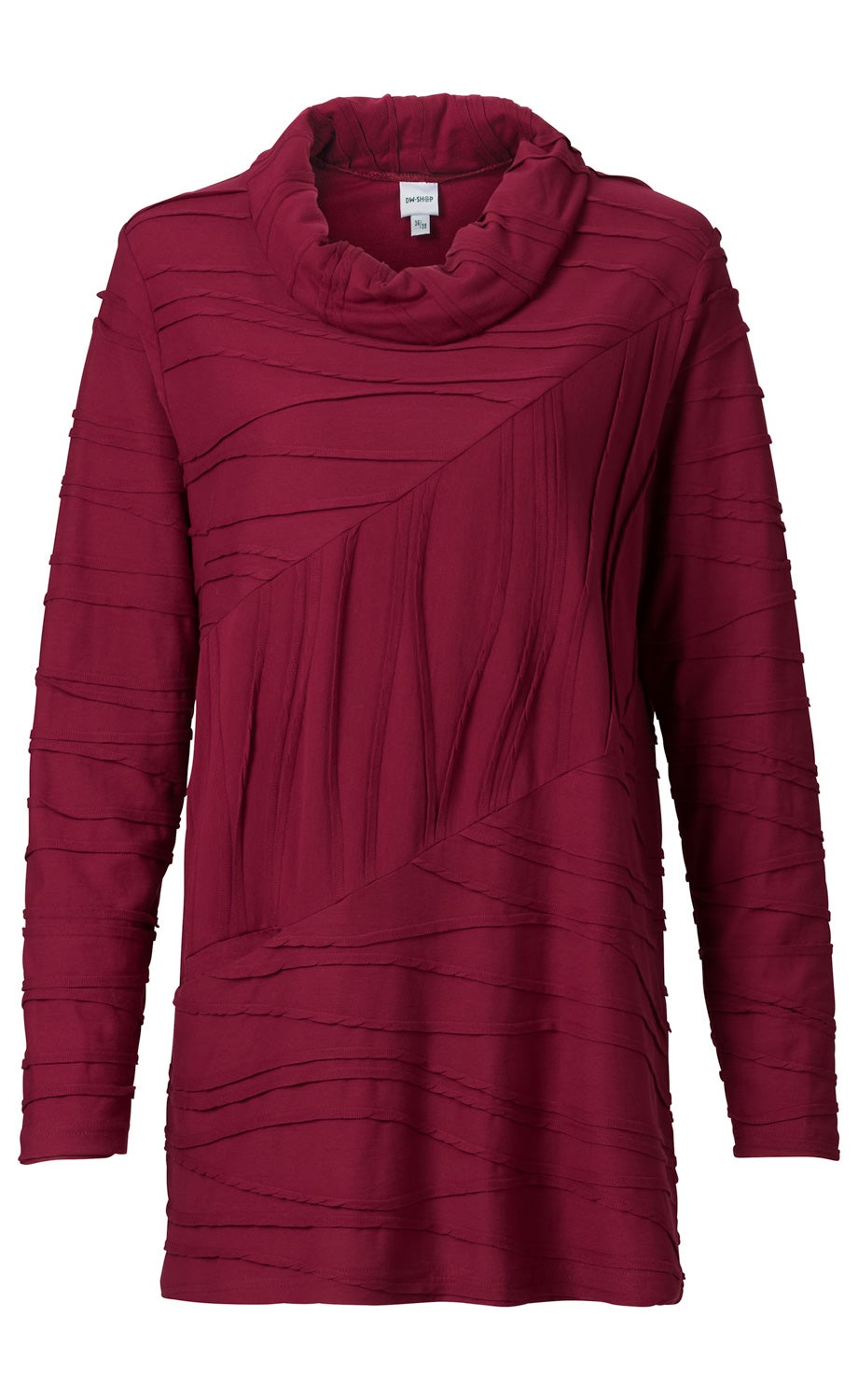 Damen Baumwoll-Shirt in Bordeauxrot mit langem Arm, asymmetrischem Strukturdesign und lockerem Rollkragen, leichte Falten und horizontale Stoffstreifen als dekoratives Muster, gerade geschnitten.