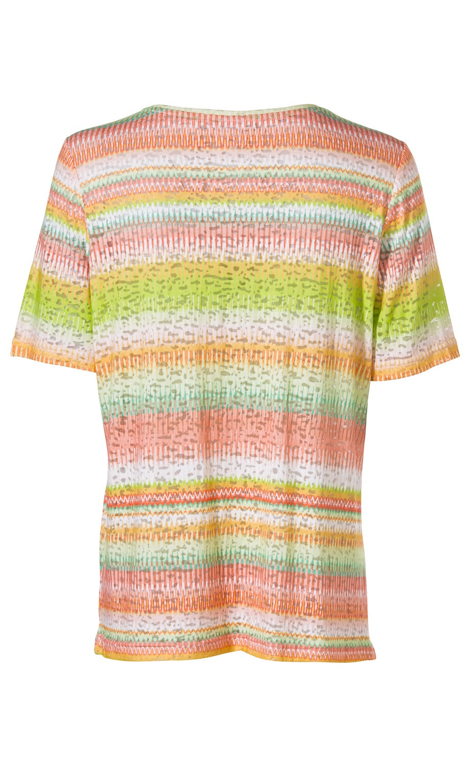 Viskose-Mix-Shirt Rückansicht, kurzärmelig, mit buntem horizontalem Muster in Orange, Grün, Gelb und Weiß, leicht transparent, gerader Schnitt, Rundhalsausschnitt