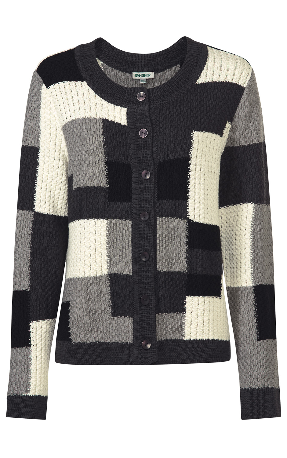 Baumwoll-Strickjacke mit Knopfleiste, Rundhalsausschnitt, langärmlig, schwarz, grau und weiß kariert in grobem Strickmuster, mittelgroße Knöpfe, gerade Geschnitten