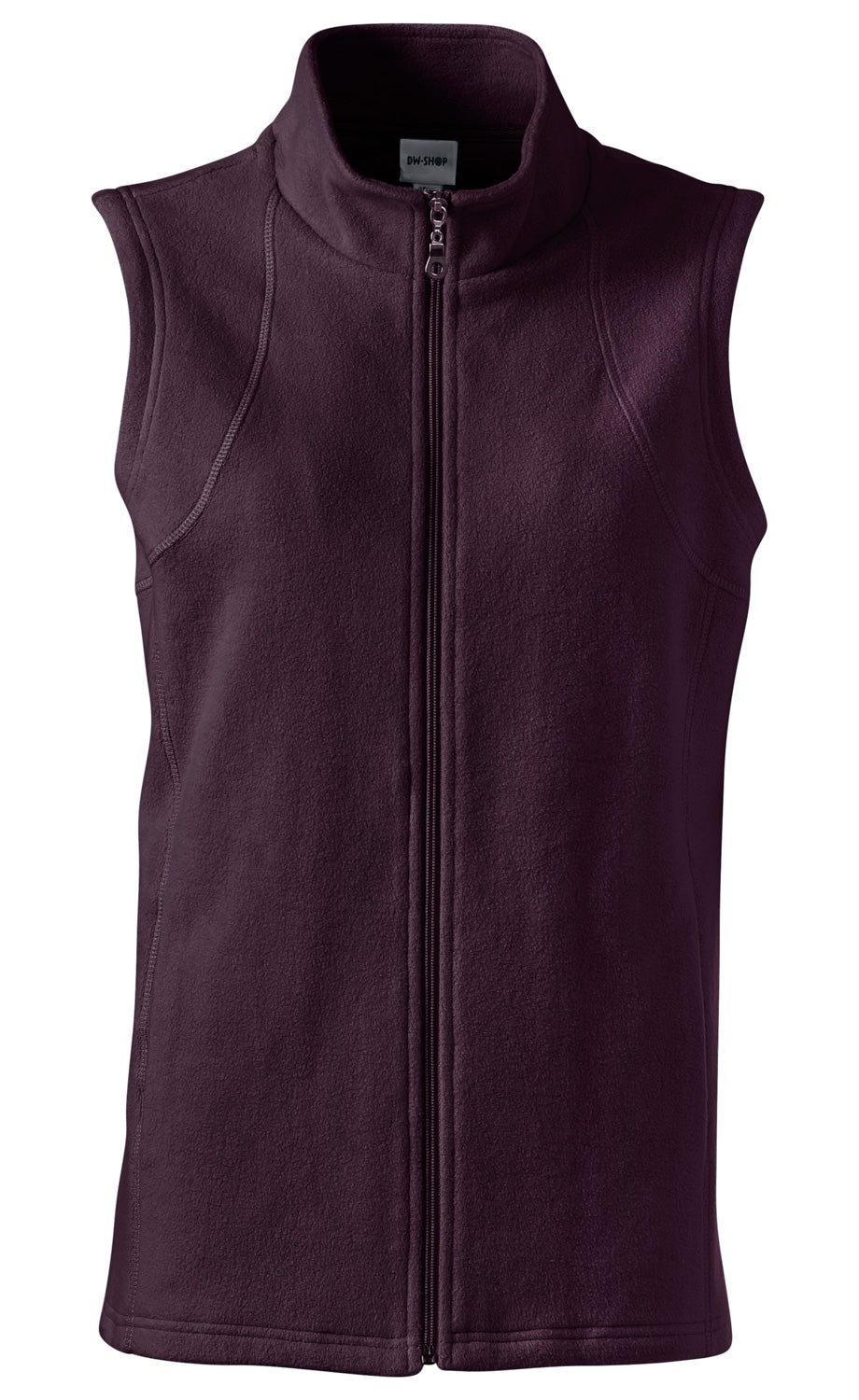Baumwoll-Fleece-Weste in Dunkelviolett, ärmellos mit Stehkragen, durchgehendem Frontreißverschluss und sichtbaren Nähten, weiches, warmes Material, schlichtes Design ohne Taschen.