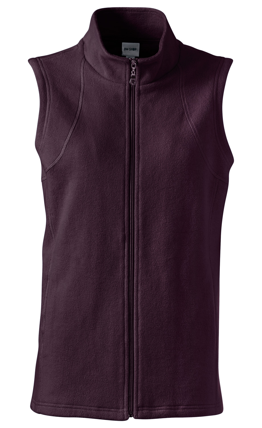Baumwoll-Fleece-Weste in Dunkelviolett, ärmellos mit Stehkragen, durchgehendem Frontreißverschluss und sichtbaren Nähten, weiches, warmes Material, schlichtes Design ohne Taschen.